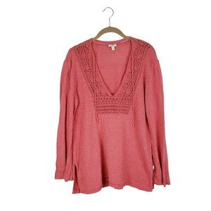 J Jill Knit Linen Cotton Deep V-Neck Sweater Boho Crochet Peach Womens LP